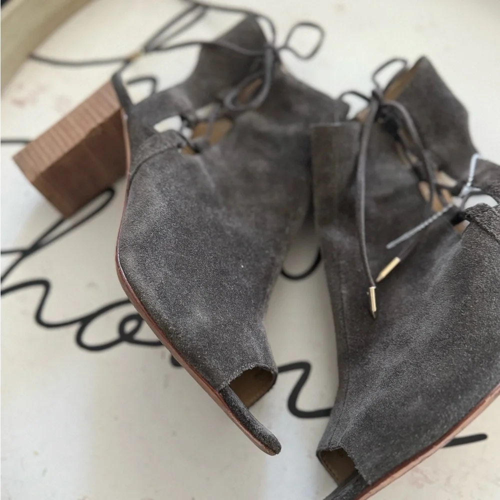 Vaneli Grey Suede Open Toe Booties Lace Up Block Heel Cutout Ankle Heels Neutral